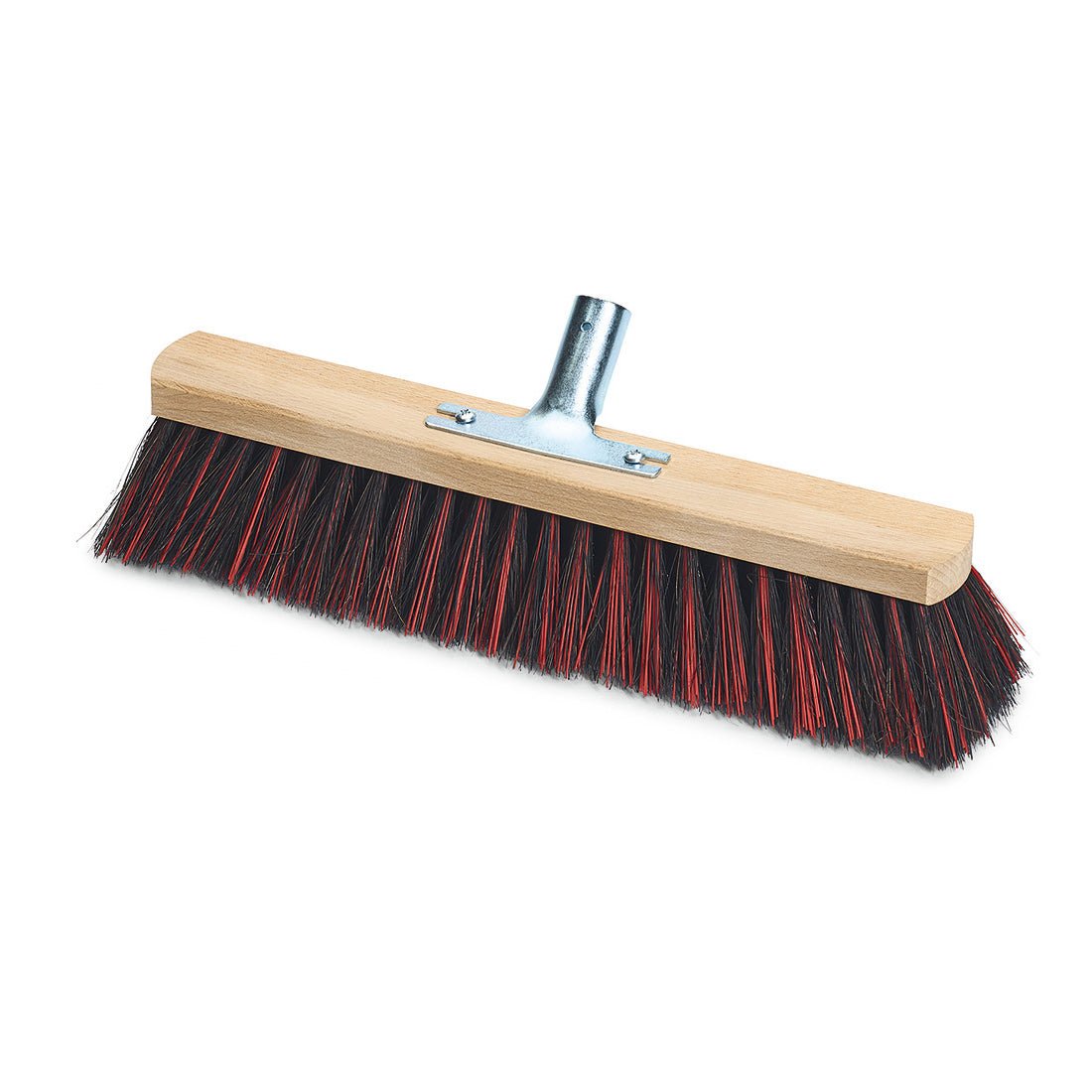 The Nölle Profi Brush hall broom Arenga/Elaston with metal handle holder by Nölle Profi Brush Bürsten- & Pinseltechnik e.K. features a wooden block, a metal handle holder, and dense black/red bristles - perfect for hall cleaning.