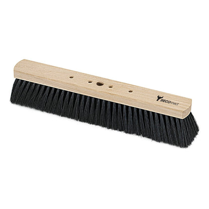 The Nölle Profi Brush BECOnnect hall broom quality mix wooden body from Nölle Profi Brush Bürsten- & Pinseltechnik e.K. features a rectangular wooden broom head with dense black bristles and three holes for handle attachment.