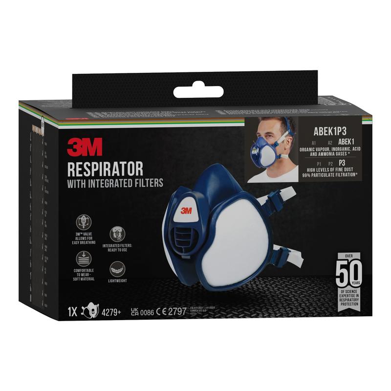 A black box of the 3M™ respirator with integrated filters from 3M Deutschland GmbH shows the mask, a person wearing it, product details, and certification symbols on the packaging.