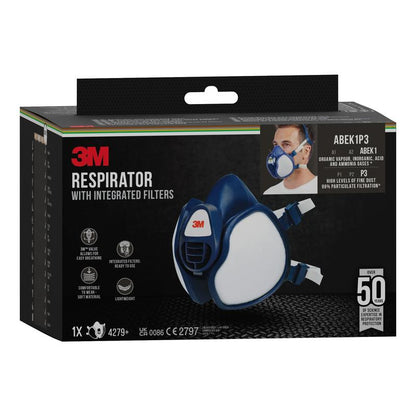 A black box of the 3M™ respirator with integrated filters from 3M Deutschland GmbH shows the mask, a person wearing it, product details, and certification symbols on the packaging.