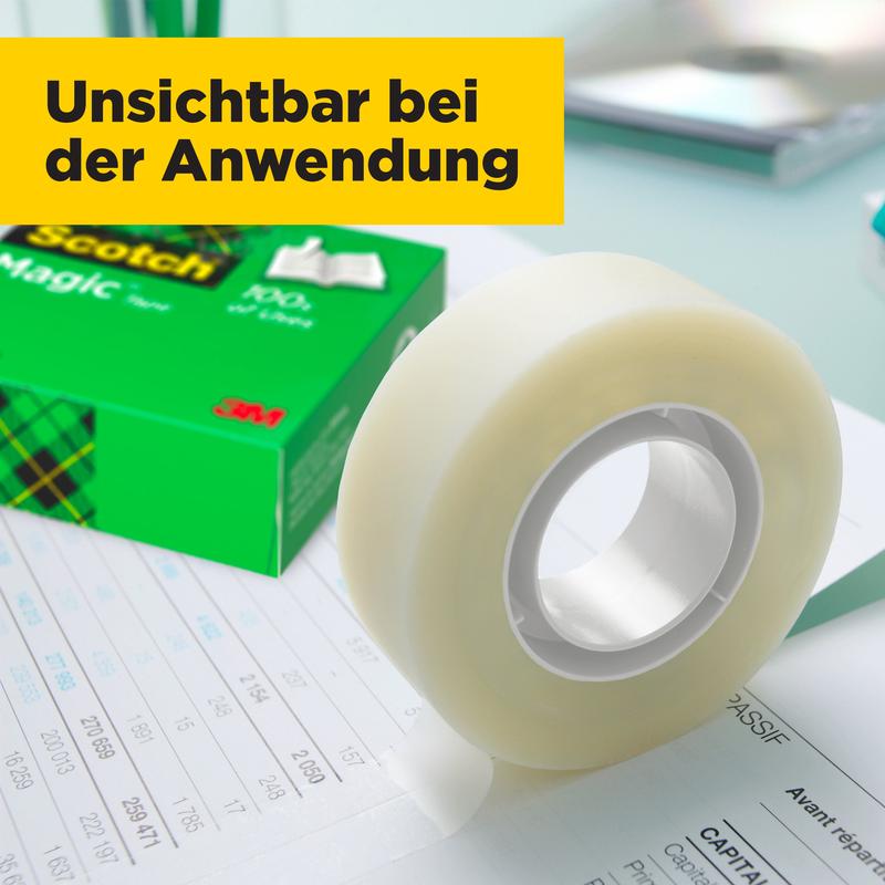 A roll of Scotch® Magic™ Invisible Tape from 3M Deutschland GmbH lies on a document; in the background, the green value pack with 24 rolls (19 mm x 33 m) is visible. Yellow banner: "Invisible in use."