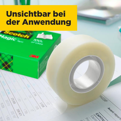 A roll of Scotch® Magic™ Invisible Tape (3M Deutschland GmbH) lies on a document in front of the green value pack (14 rolls, 19 mm x 33 m); on a yellow box it says "Invisible upon application".