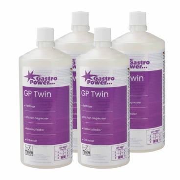 Four 325 ml bottles of Abena Re-Seller GmbH GastroPower GP Twin Grease Remover (1999915024) are arranged in two rows and display branding and product information - ideal for large kitchens and catering businesses.