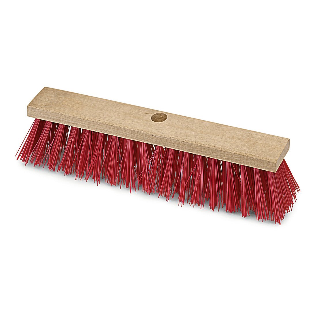 The Nölle Profi Pinsel street broom Elaston 40 cm, flat wood, 6x18 rows has dense, stiff red Elaston bristles, a rectangular head with a central hole for handle attachment. Brand: Nölle Profi Pinsel Bürsten- & Pinseltechnik e.K.