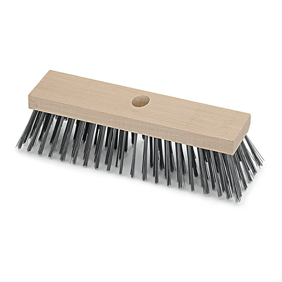 The Nölle Profi Brush steel wire broom 30 cm from Nölle Profi Brush Bürsten- & Pinseltechnik e.K., with a rectangular wooden handle and stiff metal bristles for effective cleaning, is depicted on a plain white background.