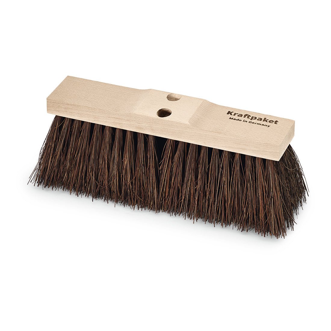 The Nölle Profi Brush street broom Piassava 40 cm is characterized by dense, coarse brown bristles (125 mm cut length) and a light wooden frame with two stick holes, "Powerhouse" print and master quality from Nölle Profi Brush Bürsten- & Pinseltechnik e.K.