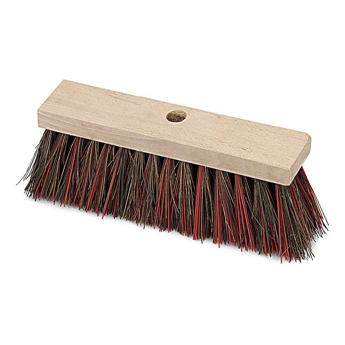 The Nölle Profi Brush street broom Bahia/Elaston, 32.5 cm, saddle wood broom head from Nölle Profi Brush Bürsten- & Pinseltechnik e.K. has stiff brown and red bristles and a central hole for handle attachment, depicted on a white background.