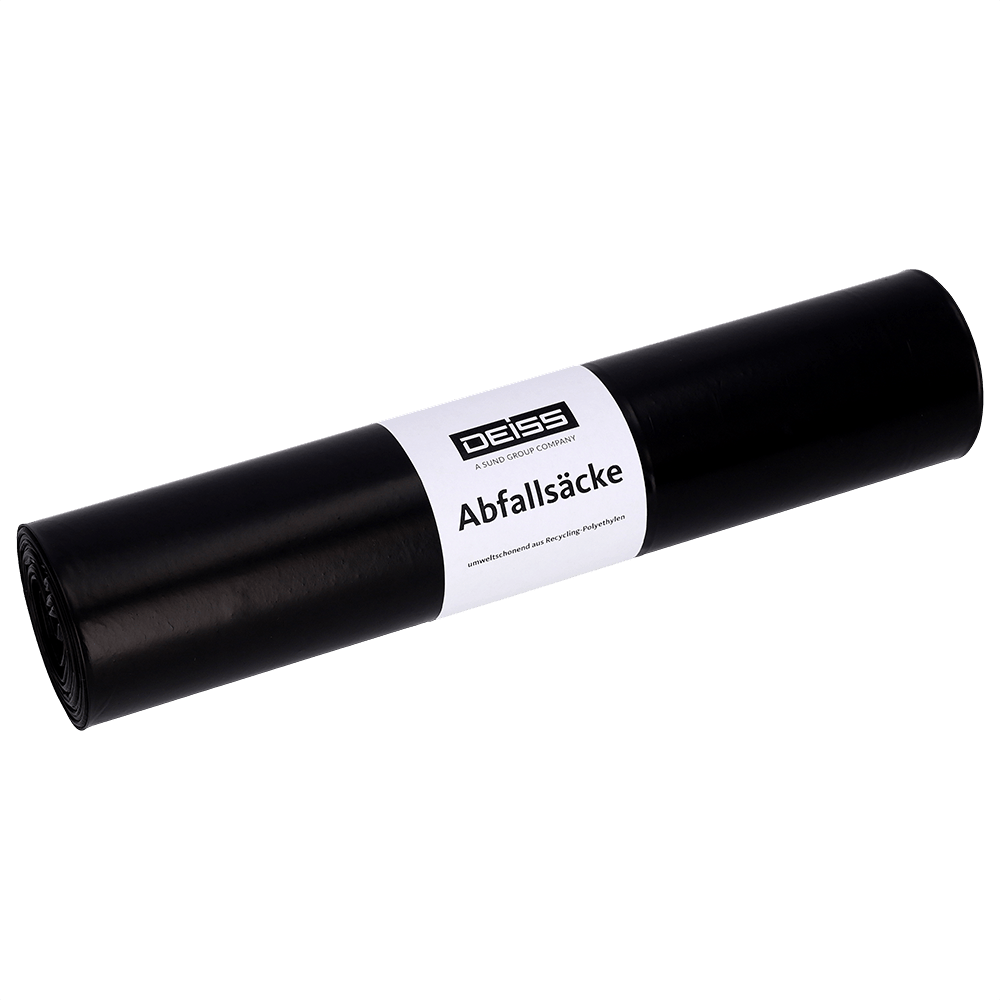 A roll of EMIL DEISS KG (GmbH + Co.) DEISS 25002 black trash bags (500+200x1100x0.1 mm, 10 pieces) with white "DEISS garbage bags" label against a plain, light gray background - versatile in use.