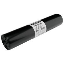 The DEISS 25024 garbage bags (700x1100 mm, type 60, black, 25 pieces/roll) from EMIL DEISS KG (GmbH + Co.) with white label and disposal symbols - ideal as tear-resistant waste bags on a white background.