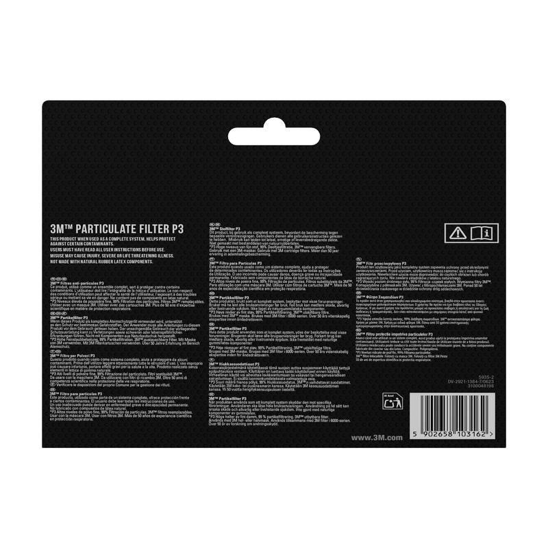 Backside of a packaging of the 3M™ Particle Filter 5925, P2, 10 pairs/pack (3M Deutschland GmbH) with product information, instructions, and safety notes - such as protection against dust - in several languages on black. Barcode and recycling symbols at the bottom right.