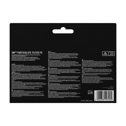 Backside of a packaging of the 3M™ Particle Filter 5925, P2, 10 pairs/pack (3M Deutschland GmbH) with product information, instructions, and safety notes - such as protection against dust - in several languages on black. Barcode and recycling symbols at the bottom right.