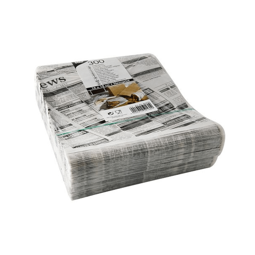 A shrink-wrapped package containing 300 PAPSTAR hamburger bags "Newsprint", greaseproof (16x18 cm) from PAPSTAR GmbH, in black and white newspaper design with product info and barcode, ideal as a parchment substitute for wrapping burgers.