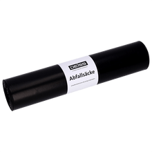 A black roll of DEISS 25702 trash bags (575x1000x0.05 mm) from EMIL DEISS KG (GmbH + Co.), pack of 25 pieces, with a white label reading "Trash bags". Solid light background.
