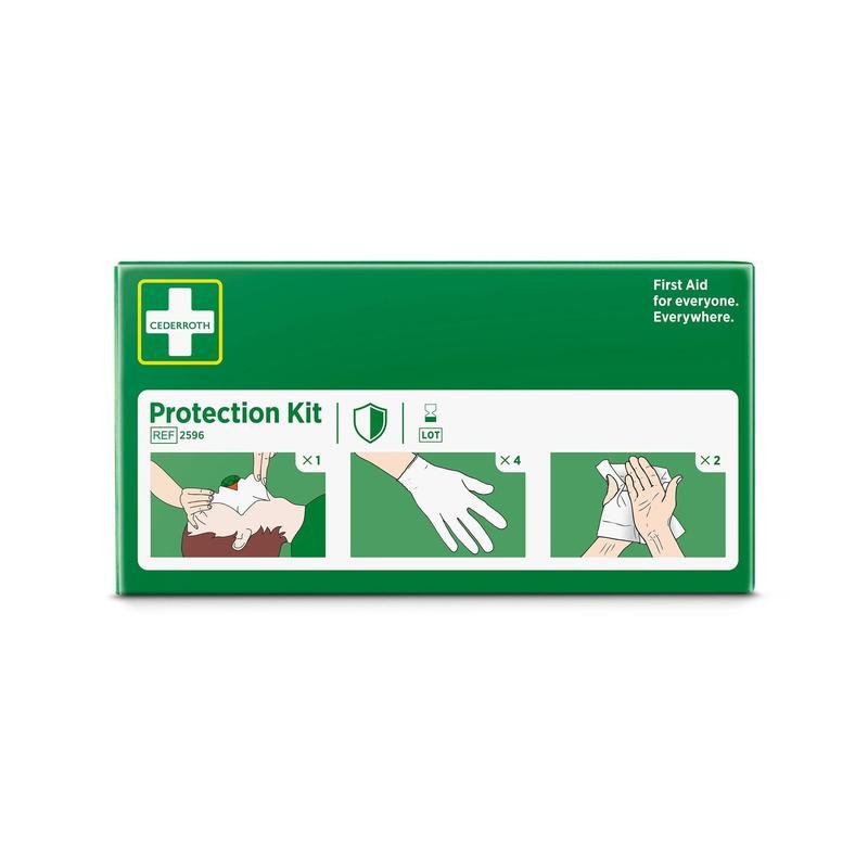 A green box labeled "Protection Set" by Orkla Wound Care AB contains a face mask with a valve, four gloves, and instructions for a safety skin cleaner. The text reads: "First aid for everyone. Everywhere." The package contains 1 piece.