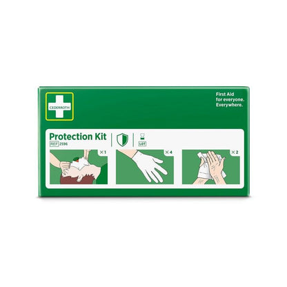 A green box labeled "Protection Set" by Orkla Wound Care AB contains a face mask with a valve, four gloves, and instructions for a safety skin cleaner. The text reads: "First aid for everyone. Everywhere." The package contains 1 piece.