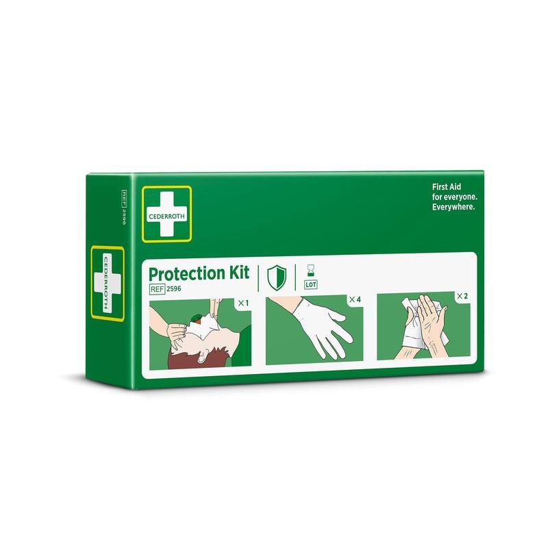 A green box by Orkla Wound Care AB labeled "Protection Set" contains illustrations for CPR, gloves, and hand cleaning. The package contains 1 breathing mask with a disposable valve, 4 gloves, and 2 safety skin cleaning agents. For first aid everywhere.