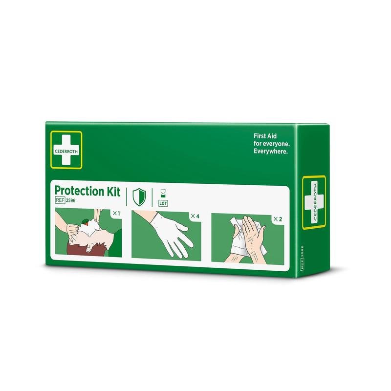 A green protection set box by Orkla Wound Care AB with three symbols: mouth-to-mouth resuscitation, glove use, and cloth on the hand. The text reads "First aid for everyone. Everywhere." and "Protection Set". Contains gloves, safety skin cleaning agents, and a mask with a disposable valve.