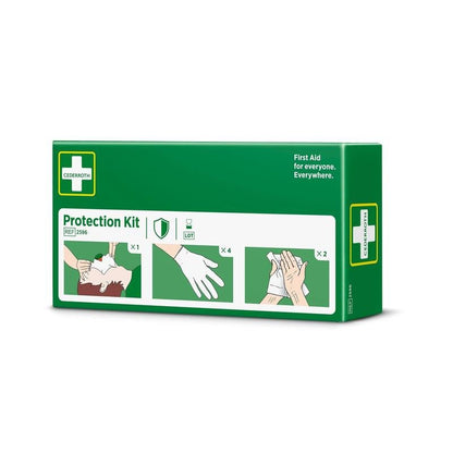 A green protection set box by Orkla Wound Care AB with three symbols: mouth-to-mouth resuscitation, glove use, and cloth on the hand. The text reads "First aid for everyone. Everywhere." and "Protection Set". Contains gloves, safety skin cleaning agents, and a mask with a disposable valve.