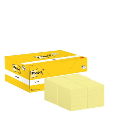 Pictured is a yellow Post-it® Notes promotion pack from 3M Deutschland GmbH with 16 blocks plus 4 free blocks (38 mm x 51 mm, 100 sheets per block), PEFC certified, with notes on the front.