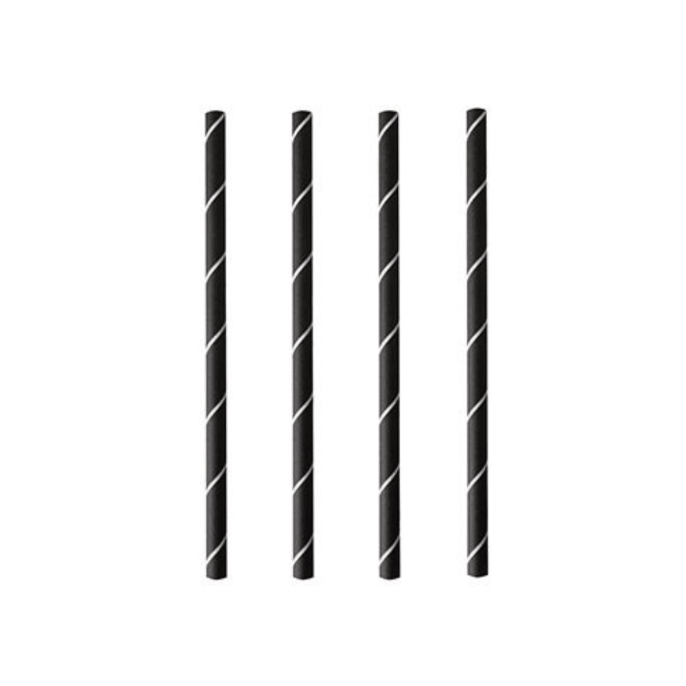 Four PAPSTAR cocktail straws 7 mm, black/white "Stripes", 15 cm (250 pieces) from PAPSTAR GmbH are arranged vertically on a white background, highlighting these stylish and eco-friendly paper straws.