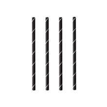Four PAPSTAR cocktail straws 7 mm, black/white "Stripes", 15 cm (250 pieces) from PAPSTAR GmbH are arranged vertically on a white background, highlighting these stylish and eco-friendly paper straws.