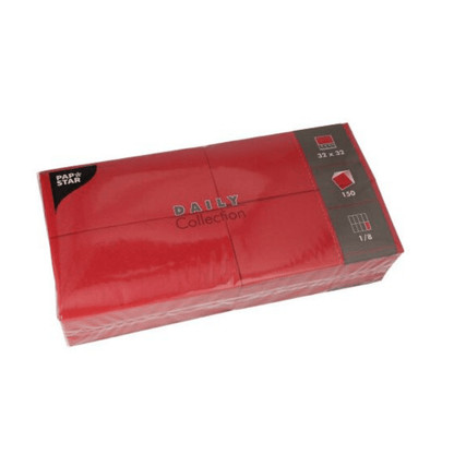 A striking red packaging of the PAPSTAR napkins "DAILY Collection" from PAPSTAR GmbH attracts attention. In the upper corner, icons provide information on dimensions, quantity, and folding: 32 x 32 cm, 150 napkins, with 1/8 folding. Ideal for table decoration with a mix of style and functionality.
