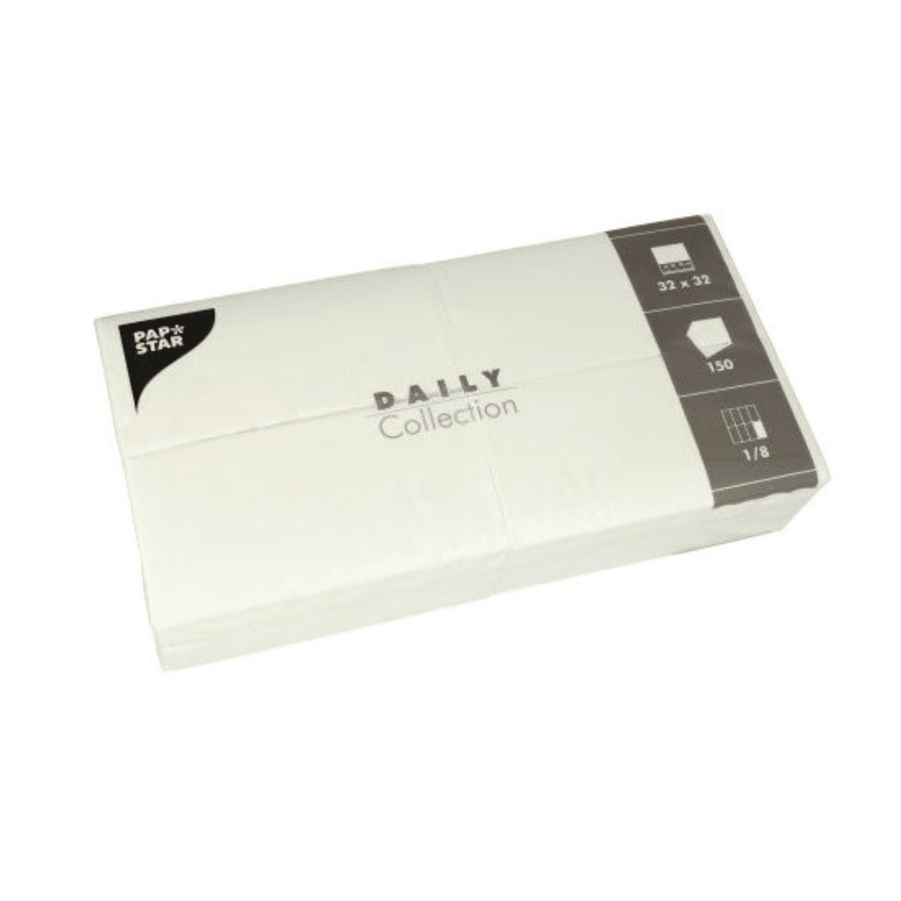 A white package of napkins "DAILY Collection" from PAPSTAR GmbH contains 150 napkins measuring 32 x 32 cm, ideal for enhancing your table decoration. The packaging indicates that the napkins are folded in eighths.