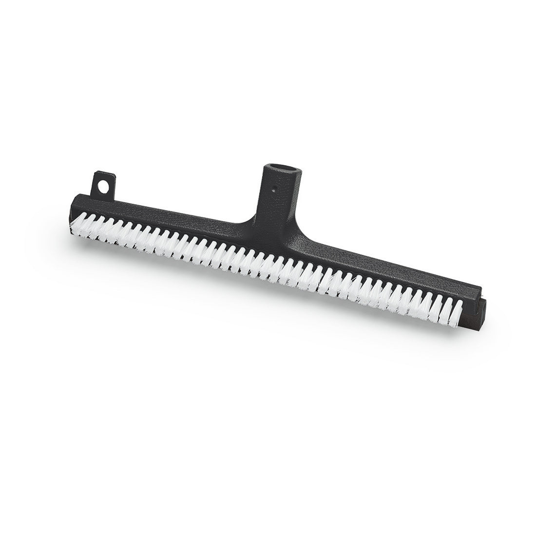 The Nölle Profi Brush Duo-Water Squeegee 43 cm with foam rubber bristles by Nölle Profi Brush Bürsten- & Pinseltechnik e.K. is a black plastic floor squeegee with white foam bristles in a row for efficient cleaning.