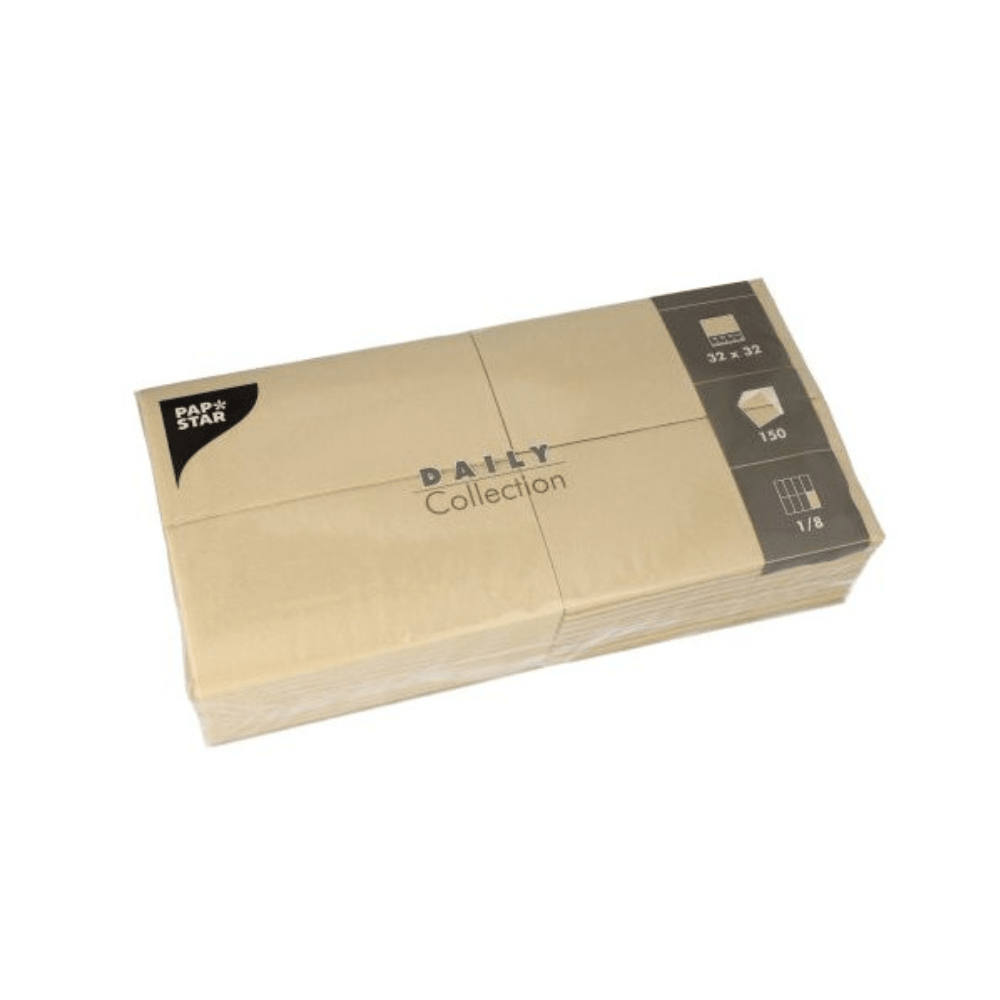 A stack of beige napkins in a package labeled "PAPSTAR napkins 'DAILY Collection' 1/8 fold". These napkins are perfect for table decoration. They measure 32 x 32 cm, are a total of 150 pieces large, and are folded eight times, offering sustainable comfort for your dining needs.