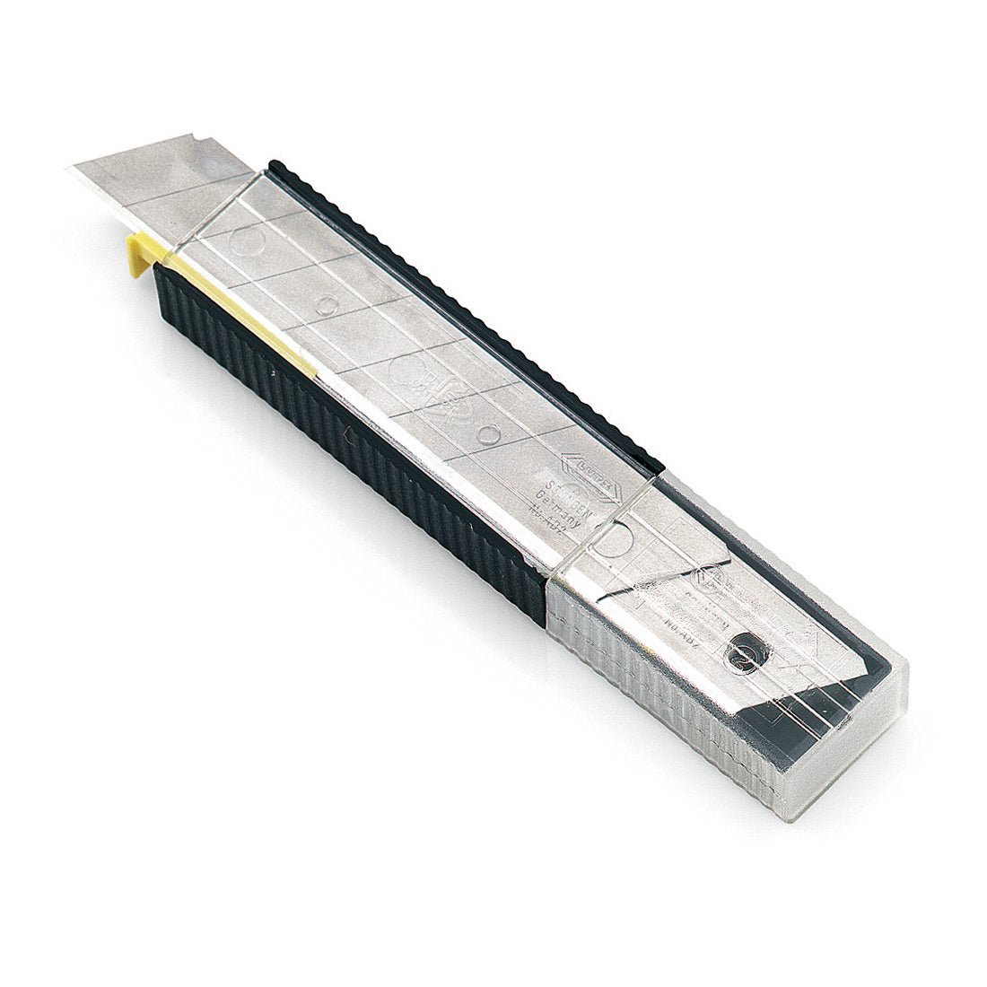 The Nölle Profi Brush Blade Dispenser with 10 snap-off blades (18 mm) contains replacement blades in a transparent case in a stylish black-silver design by Nölle Profi Brush Brush & Paintbrush Technology e.K.