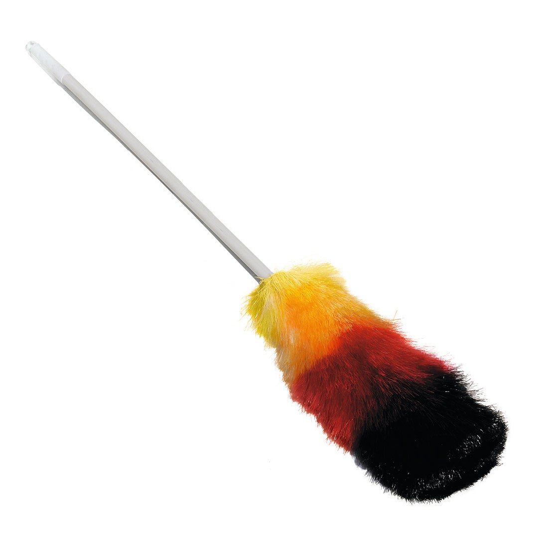 The Nölle Profi Brush Duster Synthetic (60 cm) from Nölle Profi Brush Brush & Paint Technology e.K. ensures effective cleaning with its white handle and multicolored feathers - yellow, orange, red, and black.