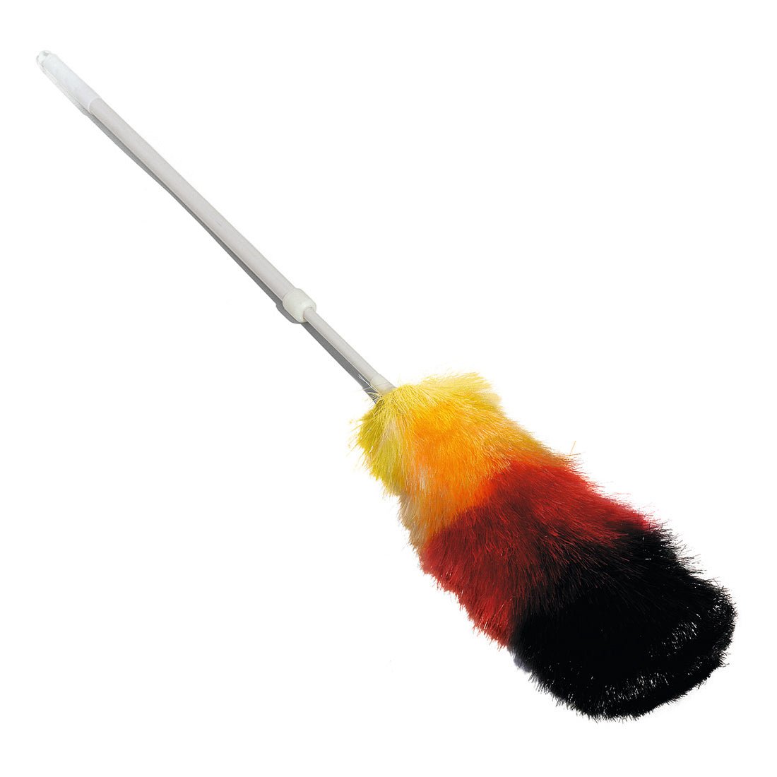 The Nölle Profi Brush Duster Synthetic with Telescopic Handle 125 cm features fluffy black, red, orange, and yellow synthetic fibers for easy dusting. Pictured against a white background. Brand: Nölle Profi Brush Brush & Paintbrush Technology e.K.