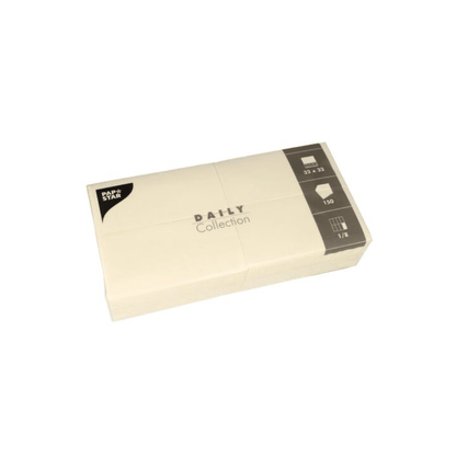A pack of beige paper napkins, ideal for table decoration, labeled "DAILY Collection" from PAPSTAR GmbH. The packaging contains symbols indicating the dimensions (32 x 32 cm), the quantity (150), and the folding type (1/8), so you get both stylish napkins and sustainable comfort for your gatherings.