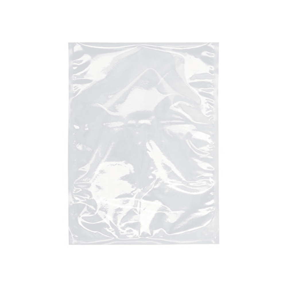 A transparent Starpak 100 vacuum bag from Starpak is depicted against a white background. The rectangular PA/PE plastic bag appears flat and slightly crumpled, with reflections visible on its surface.