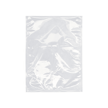 A transparent Starpak 100 vacuum bag from Starpak is depicted against a white background. The rectangular PA/PE plastic bag appears flat and slightly crumpled, with reflections visible on its surface.