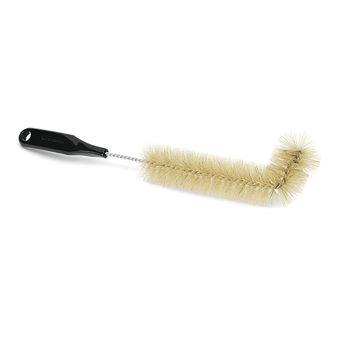 The Nölle Profi Brush radiator brush L-shape, 39 cm, pure bristles from Nölle Profi Brush Bürsten- & Pinseltechnik e.K. has stiff bristles, a twisted metal handle, and a black plastic handle with a hanging hole - perfect for radiator cleaning.