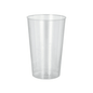 On a white background stands upright a crystal-clear Starpak plastic cup (PS) 0.3 l, in cylindrical shape with a slightly conical design and smooth surface.