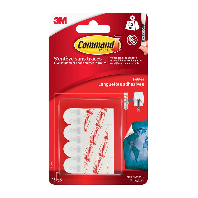 Pictured is a red and white package of 3M Deutschland GmbH Kleine Command™ Strips S, 17022N. With the five small strips, you can hang items without damaging the walls. The package contains product information in multiple languages.