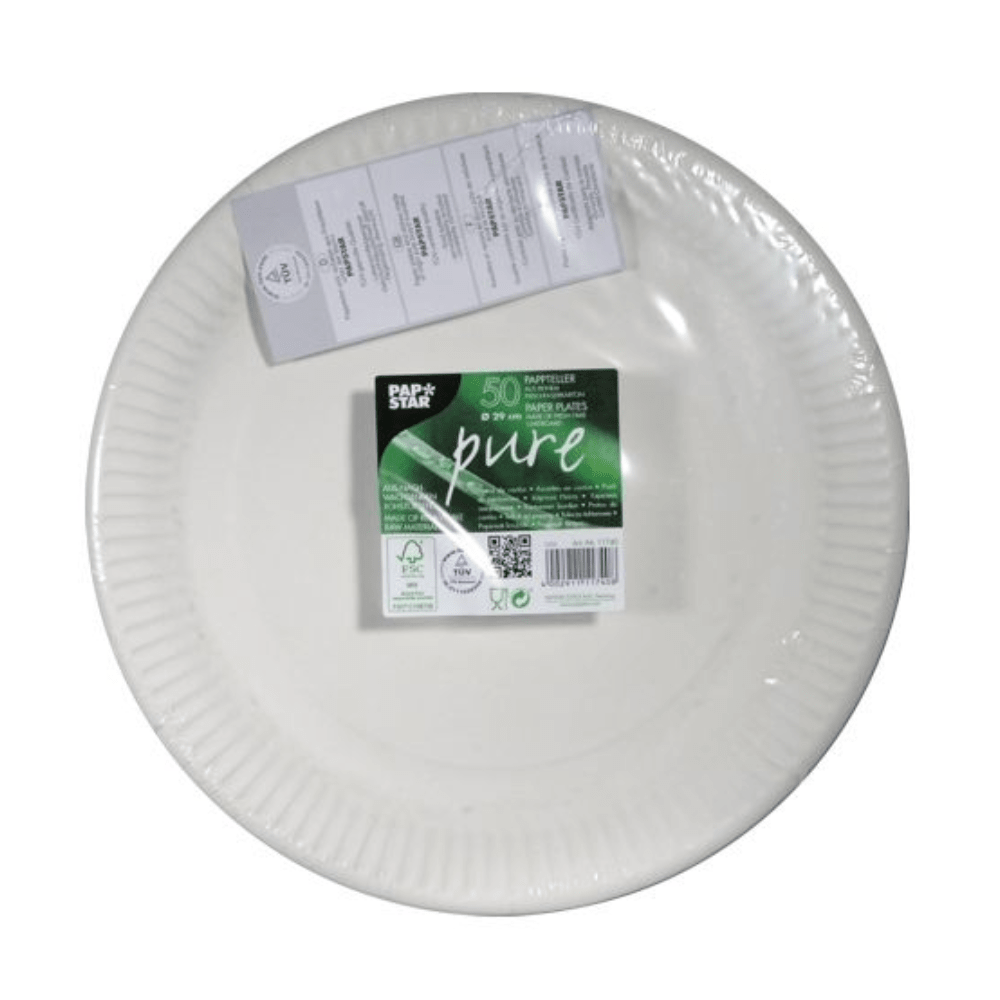 A stack of 50 white, round "Pure" paper plates (PAPSTAR GmbH, 29 50 Plate) is shown in packaging with green lettering and recycling symbols. The plates are made of virgin fiberboard and have a ribbed outer edge.