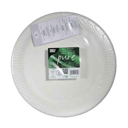 A stack of 50 white, round "Pure" paper plates (PAPSTAR GmbH, 29 50 Plate) is shown in packaging with green lettering and recycling symbols. The plates are made of virgin fiberboard and have a ribbed outer edge.