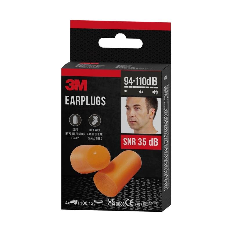 A box of 3M™ Earplugs 1100, soft foam, orange from 3M Deutschland GmbH, SNR value 35 dB, shown with product features and a user photo on a black and red background.