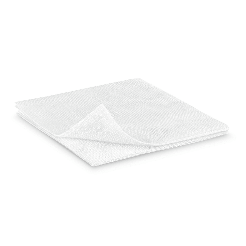 A white, folded Hartmann ES compress (non-sterile) by Paul Hartmann AG lies on a plain white background, with one corner lifted showing the soft, textured surface - ideal for gentle wound care.