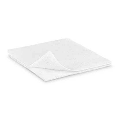 A white, folded Hartmann ES compress (non-sterile) by Paul Hartmann AG lies on a plain white background, with one corner lifted showing the soft, textured surface - ideal for gentle wound care.