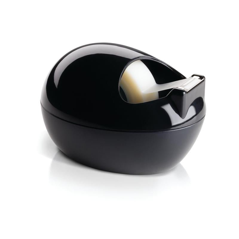 The Scotch™ Karim Rashid tape dispenser from 3M Deutschland GmbH is a black tape dispenser with a roll of clear tape partially extended and its cut edge visible, on a white background.