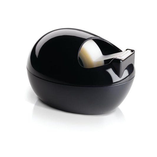 The Scotch™ Karim Rashid tape dispenser from 3M Deutschland GmbH is a black tape dispenser with a roll of clear tape partially extended and its cut edge visible, on a white background.