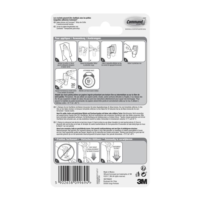Back of a 3M Deutschland GmbH Command™ Mini Hook, 17006 packaging with multilingual instructions, diagrams for tool-free mounting, use of adhesive strips, warnings, product details, barcode - removable without residue.