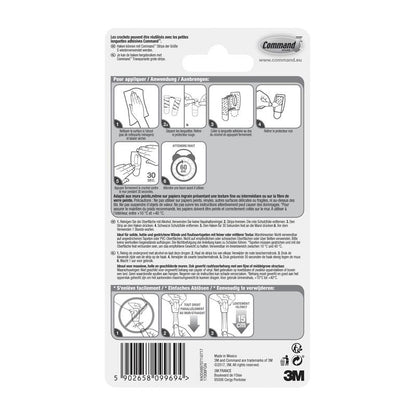 Back of a 3M Deutschland GmbH Command™ Mini Hook, 17006 packaging with multilingual instructions, diagrams for tool-free mounting, use of adhesive strips, warnings, product details, barcode - removable without residue.