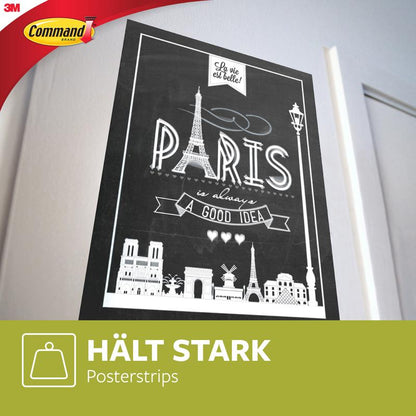 A black and white Paris poster is hung with 3M Deutschland GmbH Command™ Poster Strips in the advantage pack (17024-VP). The Command logo is visible at the top left, below it is a green label with the inscription "HÄLT STARK Posterstrips" next to a simple hanger frame illustration.