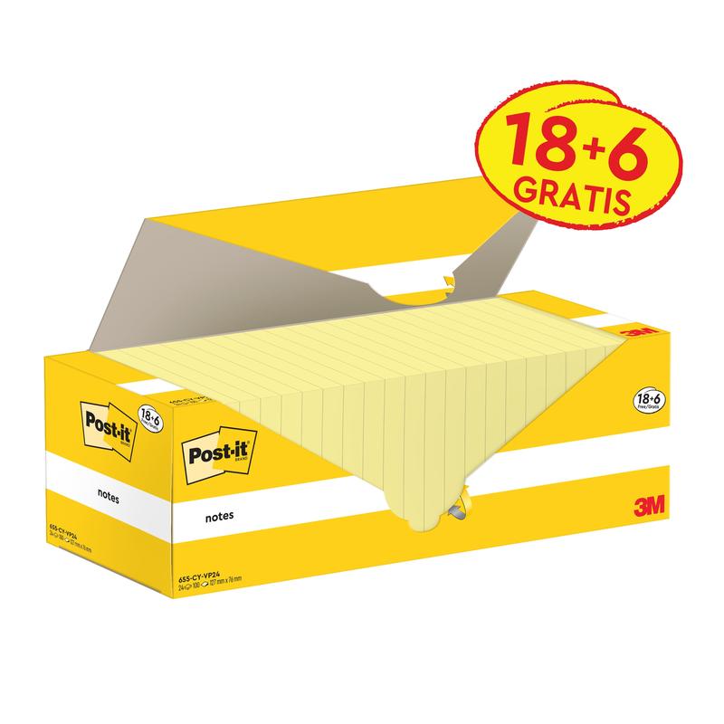 A yellow-white box of Post-it® Notes (76 x 127 mm, Yellow) from 3M Deutschland GmbH, with the inscription "18 pads + 6 free" on the packaging. Contains 100 sheets/pad in cardboard packaging, PEFC certified.