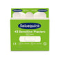 A green box from Orkla Wound Care AB with the inscription "Sensitive Plasters, 43 pcs./Refill (fleece) | Pack (6 pieces)" shows the sizes 27x72x19mm and 16x72x25mm, the CE mark, and the product number 6943 on the front for sensitive skin.
